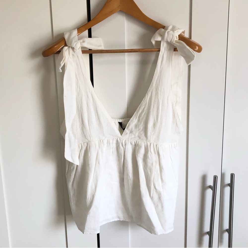 Zara White Tie-Shoulder V-Neck Cotton Top